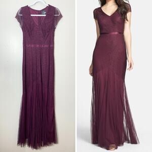 ADRIANNA PAPELL DRESS 8 BEADED MAXI LONG GOWN LATTICE MERLOT EVENING FORMAL CHIC
